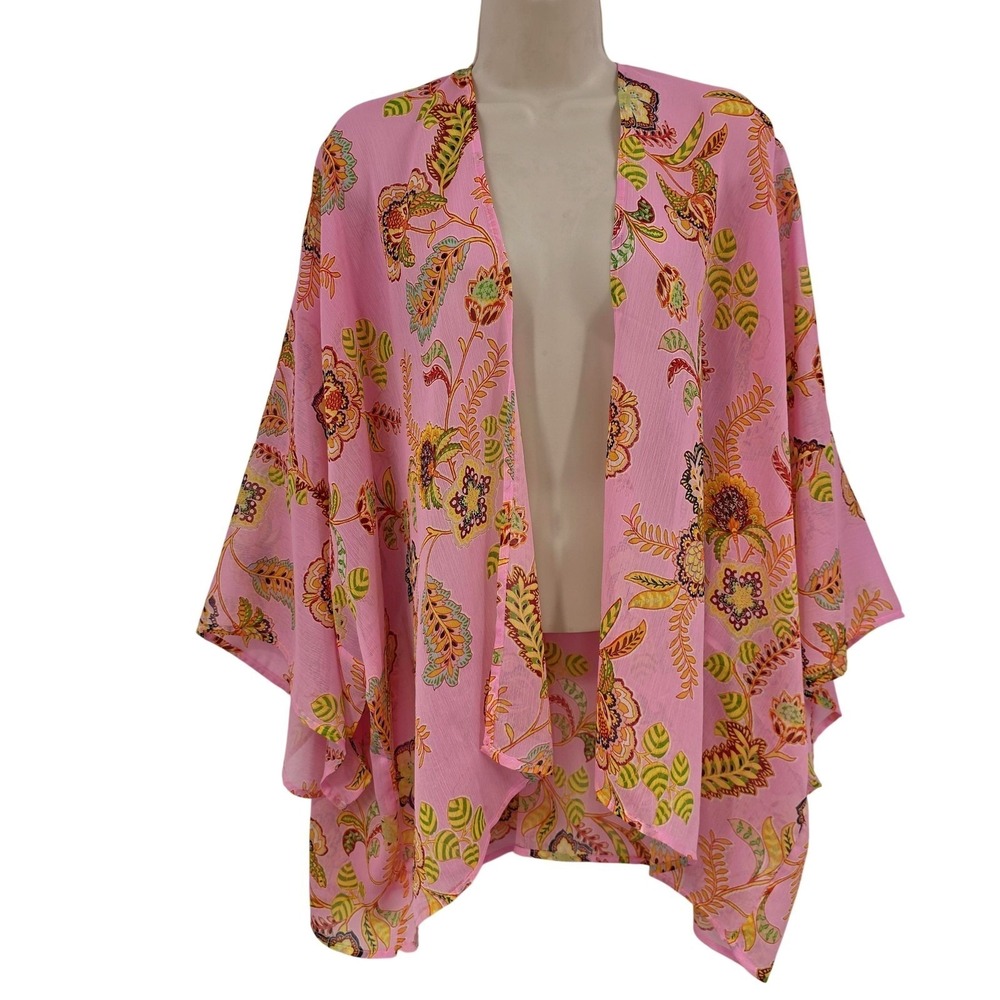 Aerie Kimono Top Women One Size Pink Floral Sheer Lightweight Boho Beachy